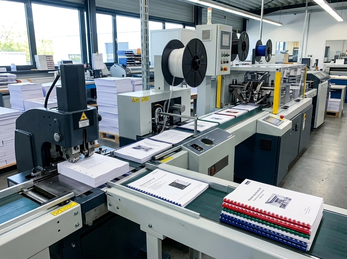 High-speed automated coil binding machine processing documents with punch, thread, and crimp stations.