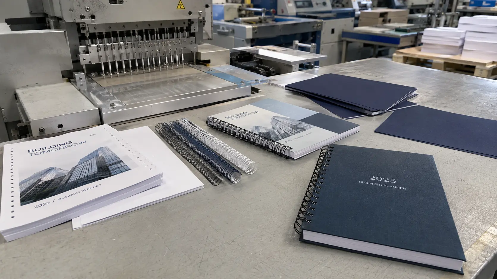 Custom business notebook manufacturing from printing and punching to binding and final assembly Custom business notebook manufacturing from printing and punching to binding and final assembly