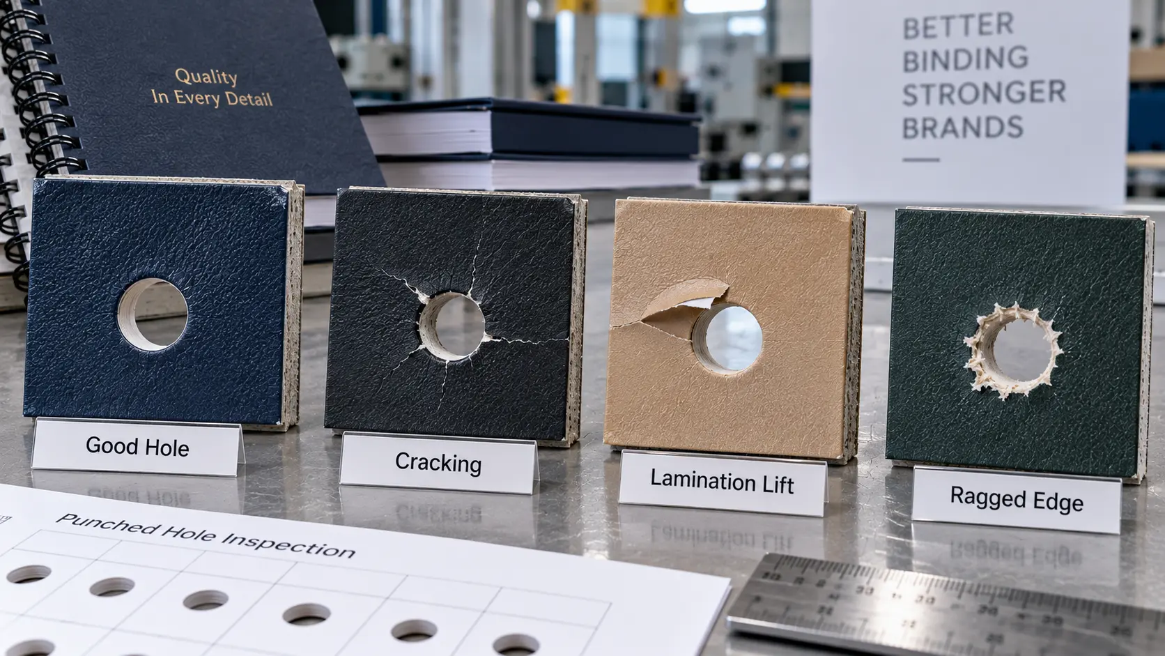 Hardcover binding hole quality showing clean punch, cracking and lamination lift Allowed English labels inside image: Clean; Crack; Lift; Ragged Hardcover binding hole quality showing clean punch, cracking and lamination lift Allowed English labels inside image: Clean; Crack; Lift; Ragged