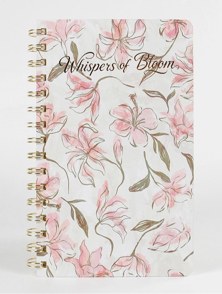 Close view of the pink floral hardcover and gold twin-wire binding Close view of the pink floral hardcover and gold twin-wire binding